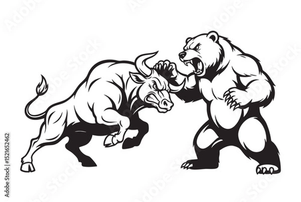 Obraz Bold black and white vector of a fierce bull and bear locked in battle, symbolizing market rivalry. Perfect for finance, trading, or stock design themes. Wildlife Animals.