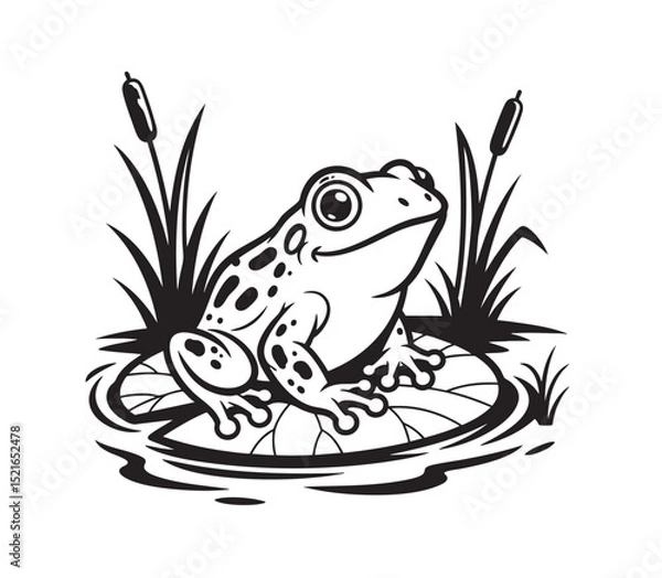 Obraz Cute black and white vector of a frog sitting on a lily pad in a swamp with cattails. Perfect for nature art, logos, kids books, and decorative prints. Animal.