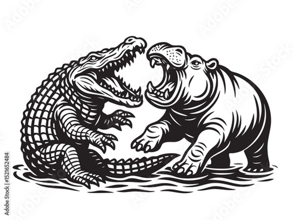 Obraz Intense black and white vector illustration of a crocodile and hippo in a fierce water battle. Bold and detailed design perfect for prints and logos. Wildlife Animals