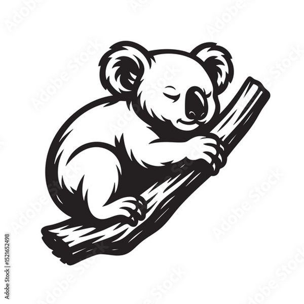 Obraz Cute black and white vector illustration of a koala sleeping peacefully on a tree branch. Perfect for kids’ prints, logos, wildlife themes, and decor.  Animal.