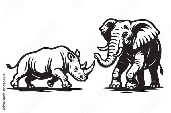 Obraz Bold black and white vector of a fierce rhino facing a powerful elephant, both in action poses. Great for prints, logos, and wildlife themed artwork.