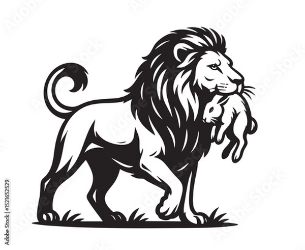 Obraz Bold black and white vector of a lion holding a rabbit in its mouth, showcasing predator and prey dynamic. Ideal for wildlife art, logos, or education use.