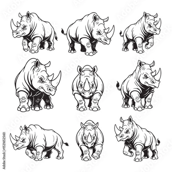 Obraz Collection of rhinoceros illustrations in various poses standing, charging, and frontal views. Perfect for wildlife art, logos, and educational designs. Animals.
