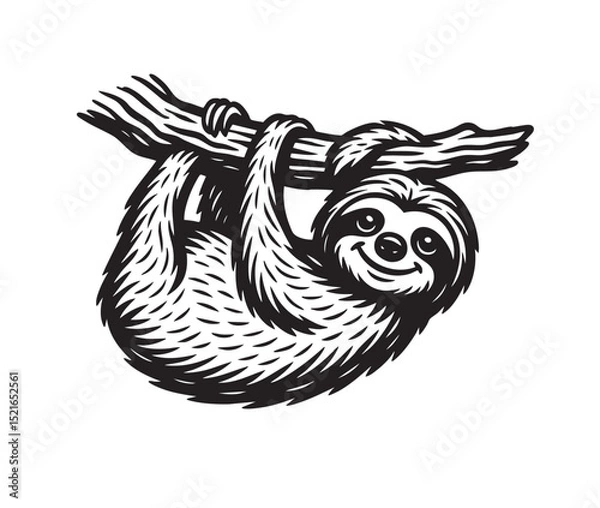 Obraz Cute smiling sloth hanging from a tree branch in a playful pose. Black and white vector style perfect for prints, logos, stickers, and merchandise.  Wildlife Animals.