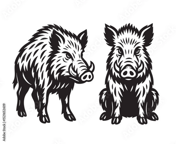 Obraz Two wild boars in bold black and white vector style—one standing and one sitting. Ideal for prints, logos, mascot illustrations, or tattoo designs. Wildlife Animals.