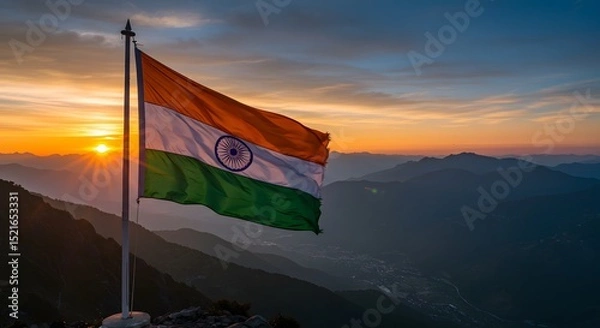 Fototapeta Flying Flag Above Mountains at Colorful Sunset View
