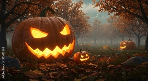 Fototapeta Glowing Jack-o'-lanterns in Autumn Forest Scene for Halloween