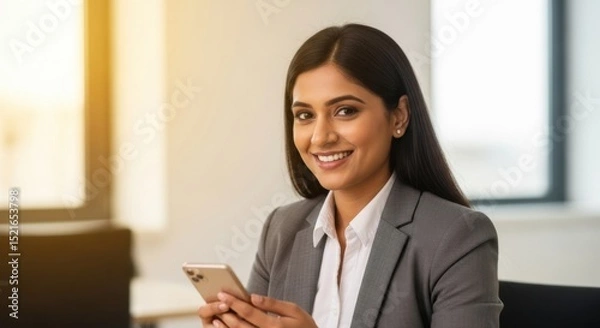 Fototapeta Young professional woman smiling confidently while using smartphone in modern office setting