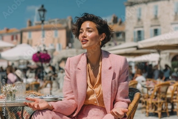 Obraz a young woman with short dark hair, wearing light pink suite, talking passionately during an interview or conversation. She is sitting in a beautiful bright outdoor cafe. The woman is clearly visible 