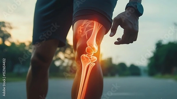 Fototapeta Anatomical visualization of a runner showing the highlighted skeletal system around the knee and leg, standing on the pavement.