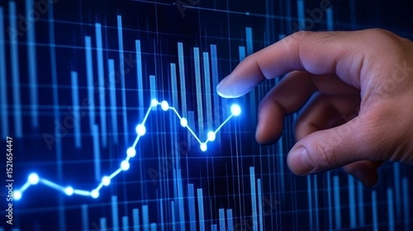 Fototapeta Analyzing Financial Growth: A Hand Interacting with Bright Blue Chart on Screen Displaying Positive Trend and Growth Pattern.