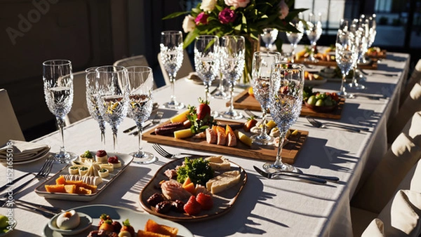 Fototapeta Elegant celebration dinner table set with wine, flowers, and appetizers for luxury festive occasion. Celebration dinner table for important event, sense of celebration and sophistication