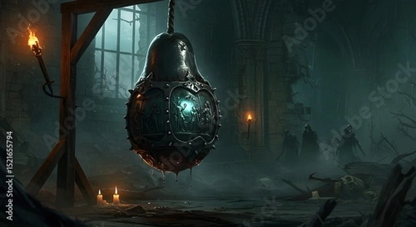 Fototapeta Hanging Metal Device in Dark Dungeon with Figures