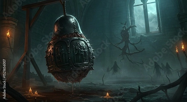 Fototapeta Hanging Metal Device in Dark Dungeon with Mysterious Figures and Candlelight