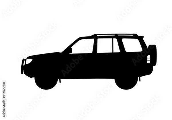 Fototapeta A black silhouette of a four wheel drive suv with a spare tire on the back on a white background
