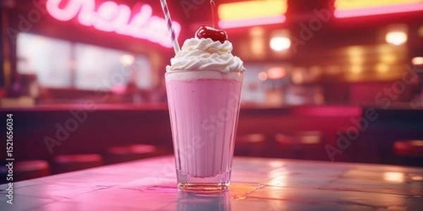 Fototapeta Classic milkshake served in a glass with whipped cream and cherry in a retro diner setting at dusk