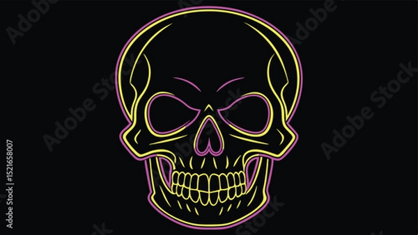 Fototapeta Vector silhouette of a glowing halloween skull design in neon color accents