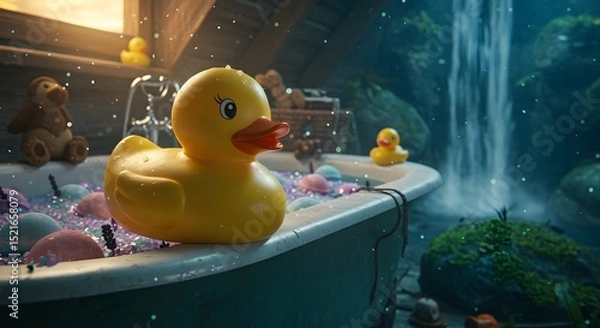 Fototapeta Yellow Rubber Duck Floating in Bathtub Near Waterfall