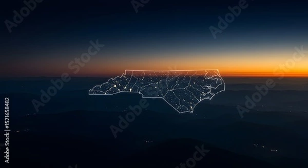 Fototapeta Abstract State Map Outline at Dusk with Glowing City Lights