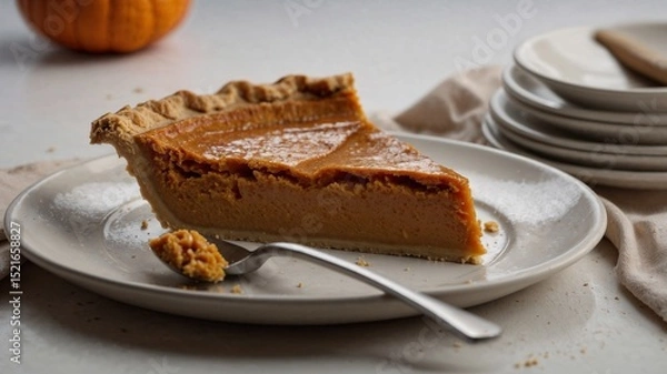 Obraz Delicious Pumpkin Pie Slice on a Plate with a Fork on a White Background