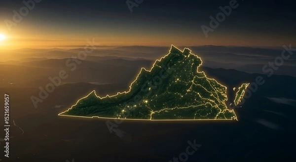 Fototapeta Aerial View of Virginia State Map at Sunset with Glowing Outline