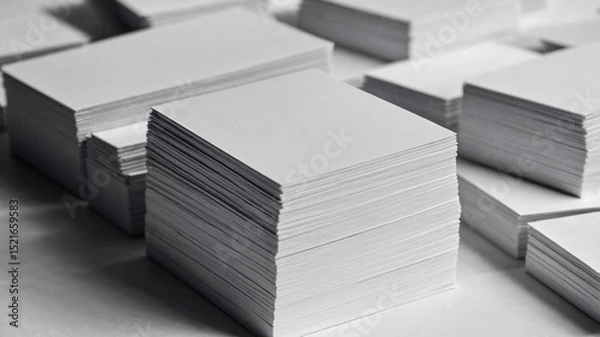 Obraz Stack of Clean White Paper Sheets on a Minimalist Desk on a White Background
