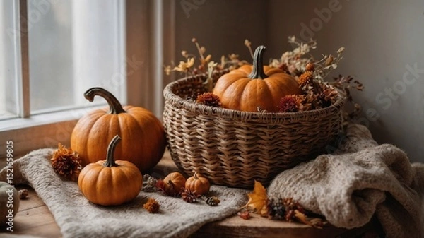 Obraz Rustic Basket Filled with Freshly Harvested Orange Pumpkins in a Warm Autumn Display