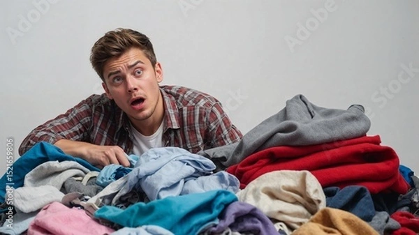 Obraz Surprised Young Man Sitting on a Bed with a Messy Room in the Background