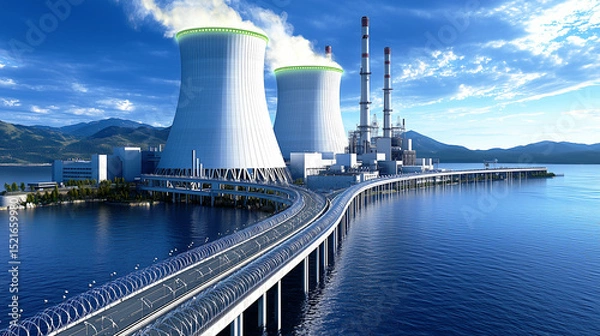 Fototapeta A clean and modern nuclear power plant on a coastal peninsula represents the future of sustainable energy and advanced technology.