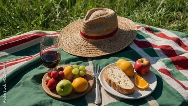 Obraz Outdoor Picnic with Fresh Fruits and Bread on a Checkered Blanket in Nature