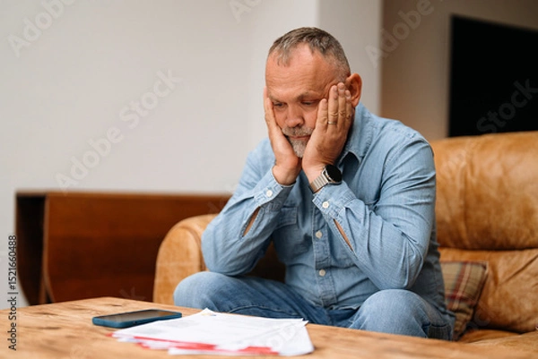 Obraz Man sitting on a couch in a living room looks stressed while examining papers on a wooden table during the afternoon