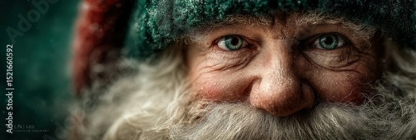 Obraz Cheerful older man with snowy beard and vibrant blue eyes wearing a festive hat during winter holidays