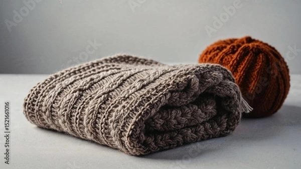 Obraz Cozy Knitted Woolen Blanket in Warm Brown Tones on a White Background