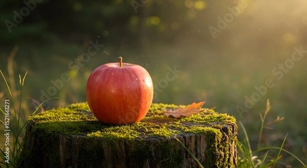 Fototapeta Red Apple on Mossy Tree Stump in Forest Sunlight