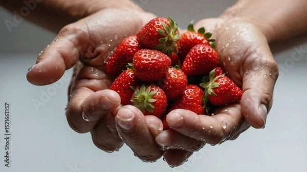 Obraz Hands Holding a Pile of Fresh Red Strawberries on a White Background