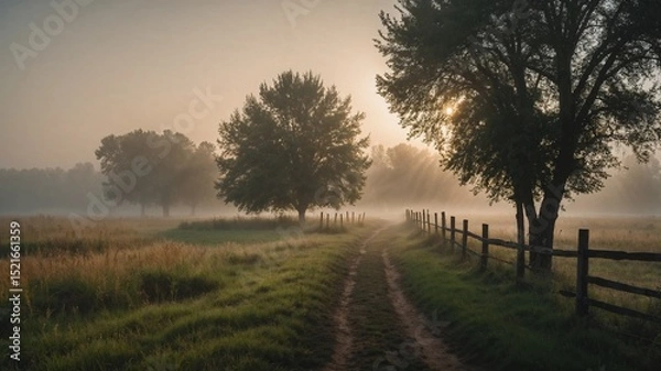 Obraz Serene Landscape with a Lone Tree and a Misty Path at Sunrise