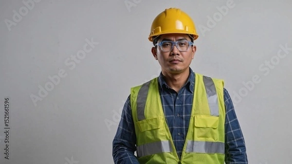 Obraz Construction Worker in Safety Gear and Hard Hat on a Professional Worksite