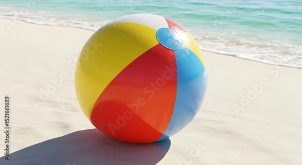 Fototapeta Colorful Beach Ball on Sandy Shoreline with Ocean Waves