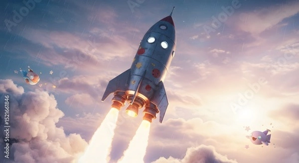 Fototapeta Rocket Launching Into Cloudy Sky with Cartoon Characters