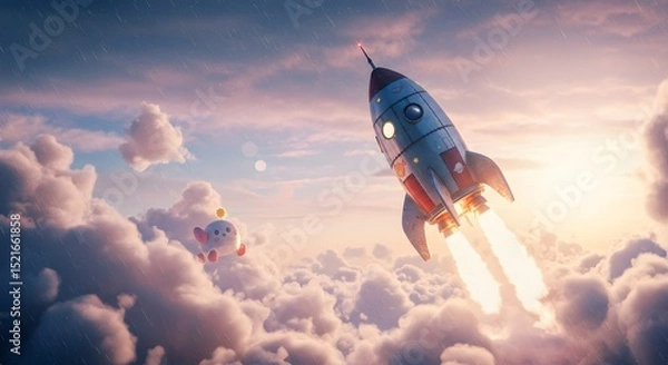 Fototapeta Rocket Launching Through Clouds with Flying Character