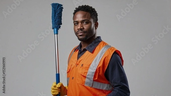 Obraz African American Janitor Holding a Blue-Bristled Mop in a Minimalist Cleaning Setup on a White Background