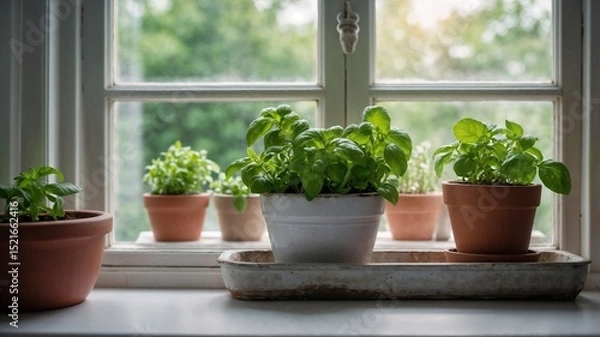 Obraz Lush Green Basil Plants Thriving in Ceramic Pots on a Sunny Windowsill with Natural Light Streaming In