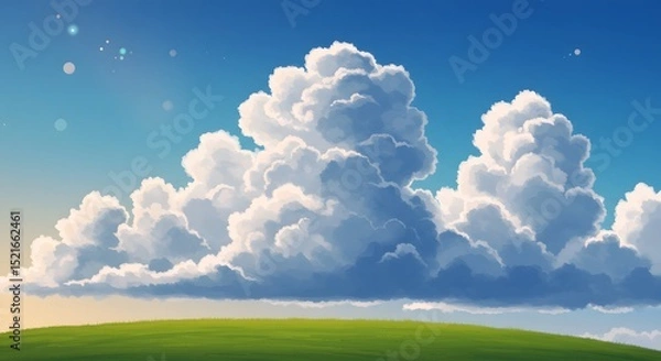 Fototapeta Scenic Landscape with Green Field and Dramatic Cumulus Clouds in Blue Sky