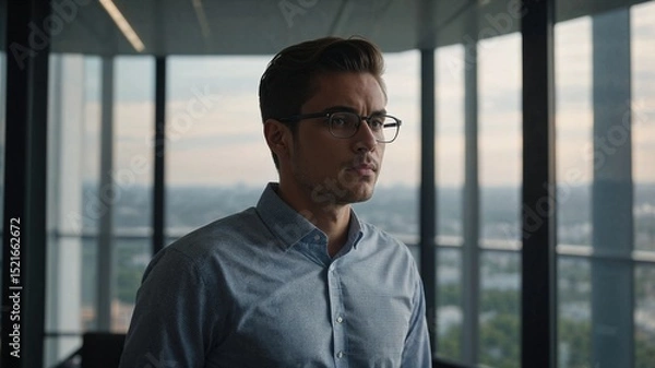 Obraz Thoughtful Young Man in Glasses Gazing Out of a Window with a Scenic Cityscape View in the Background