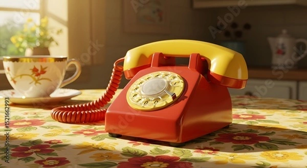 Fototapeta Retro Rotary Phone and Tea Cup on Table with Floral Pattern