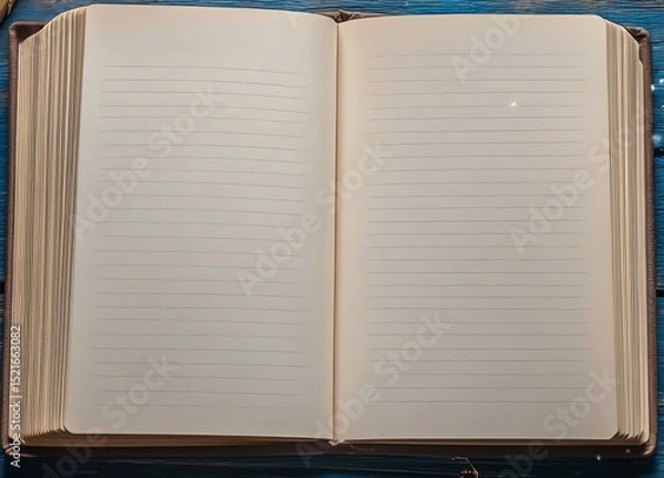 Obraz blank open lined journal on blue wooden table, with cream-colored pages ready for writing, reflecting stillness, creativity, and personal reflection