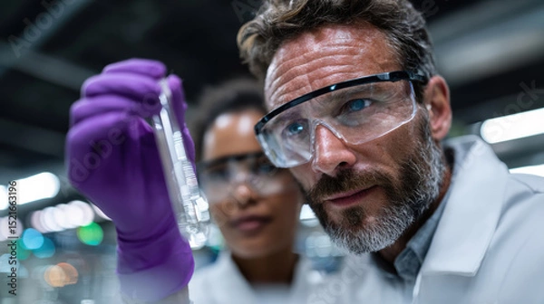 Fototapeta Healthcare scientists analyzing chemical reaction in lab, focusing on scientific accuracy and experimental research