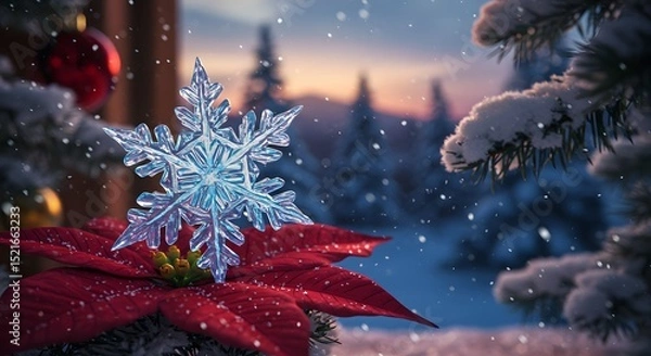 Fototapeta Snowflake Ornament Displayed on Red Poinsettia with Snowy Winter Scene