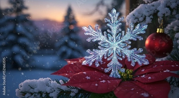 Fototapeta Snowflake Ornament on Poinsettia with Winter Forest Background