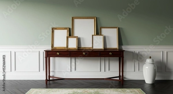 Fototapeta Gallery of Five Gold Frame Mockups on a Console Table in a Classic Green and White Interior
